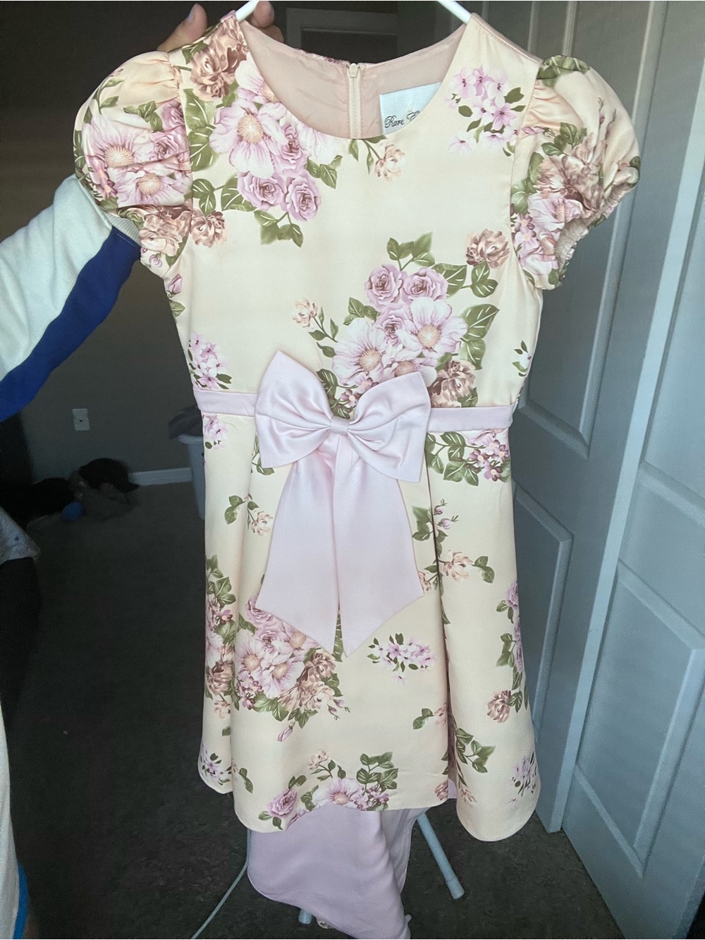 Rare Editions Cream and Pink Floral Dress with Bow